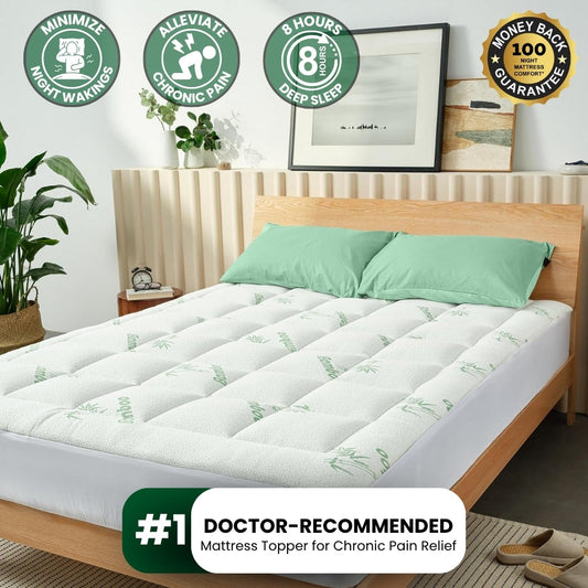 SootheSleep Relief Topper in White on a queen bed