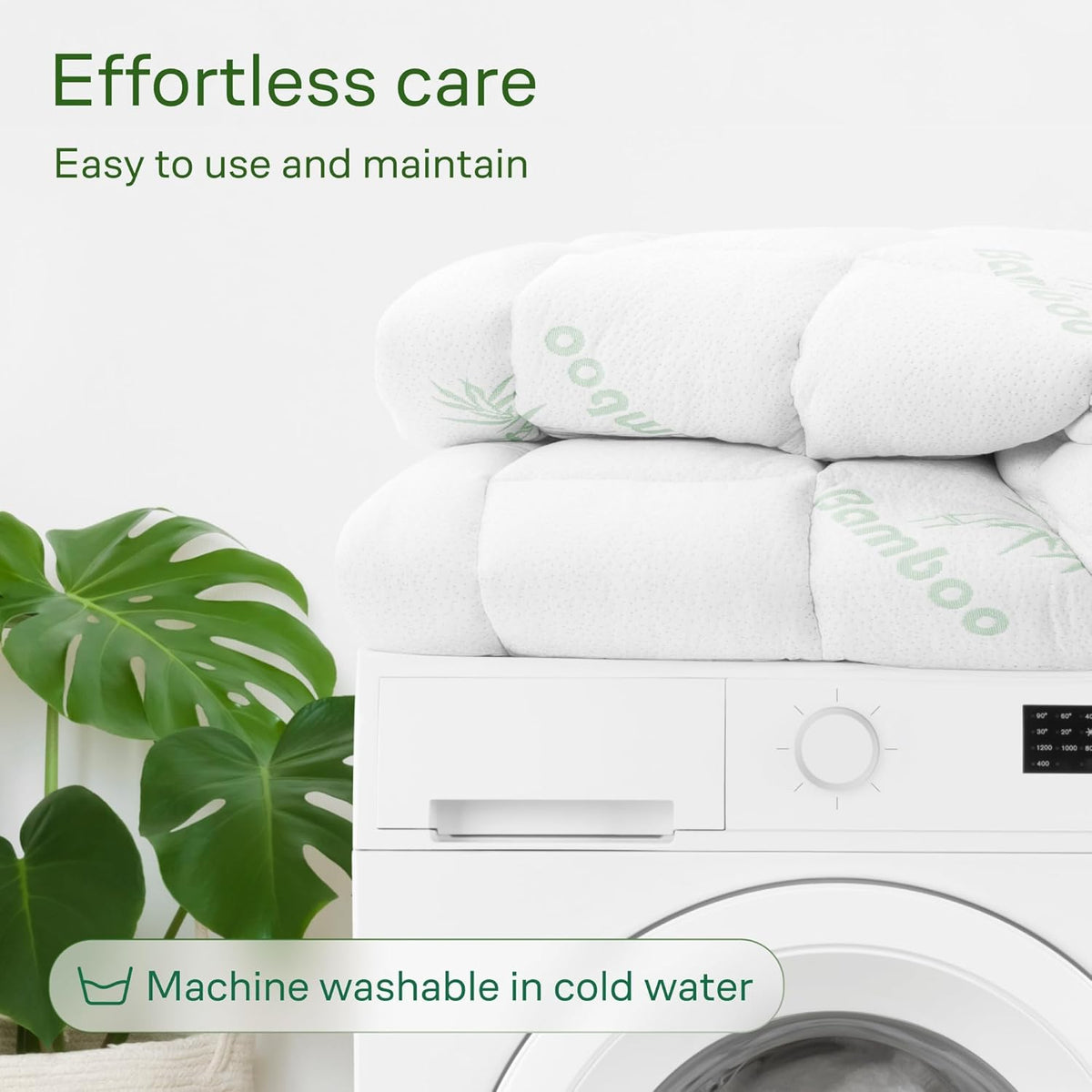 Folded topper on a washing machine, machine washable