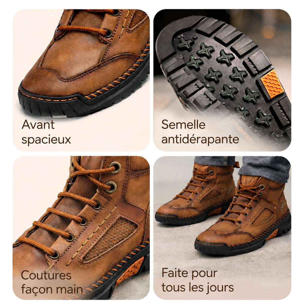 Détails : avant large, semelle antidérapante, coutures apparentes