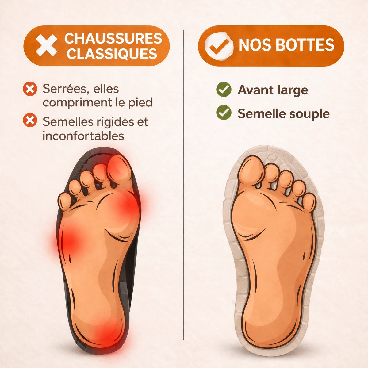 Chaussures classiques contre nos bottes : avant large et semelle souple