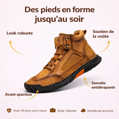 Atouts des bottes : voûte soutenue, avant large, semelle antidérapante